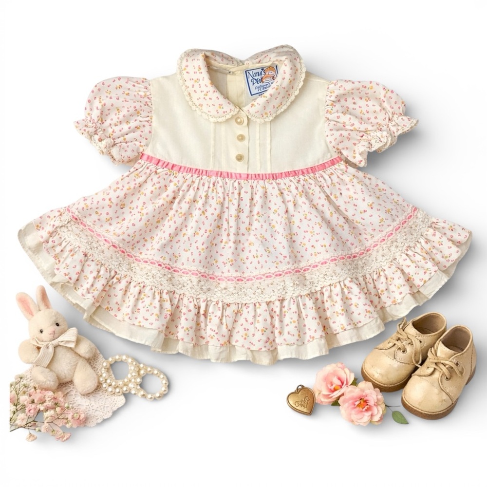 Vintage 70s Baby Dress 6-12 MO Pink Floral Lace Puff Sleeve Cottagecore
